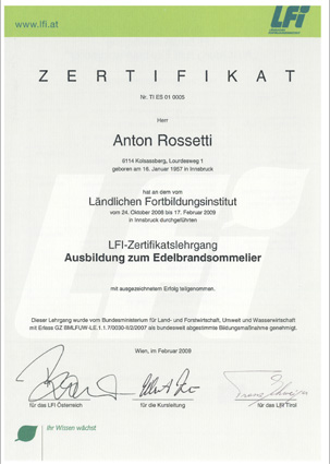 Zertifikat Tiroler Edelbrandsommeliers